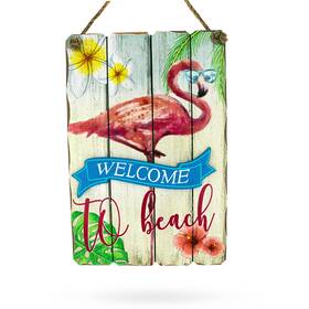 Dc-269 Bestpysanky Welcome To The Beach Hanging Flamingo Wooden Sign Display 9.5 Inches