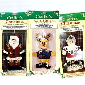 Crafters Christmas 046975821066 3 Unfinished Wood Paint Jute Kits Reindeer Santa Mrs Claus 1994 New