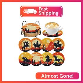 Co-b0200410 Crashot Western Rider Diamond Art Coasters 8 Pcs Cowboy Painting Kit W
