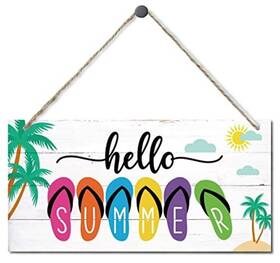 Summer-6 Edcto A153 Hello Summer Flip Flops Wall Art Hanging Wood Sign Printed