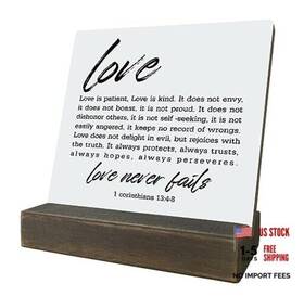 Dz106 Edcto Wooden Plaque Signs - Love Never Fails Gift With Stand Religious