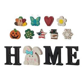 2035100001-1 Glitzhome Interchangeable Home Table Signs With 13 Pcs Seasonal Icons Wooden