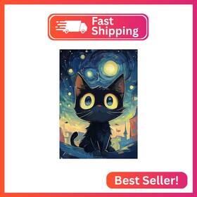 Wx10736 Heibago Black Cat Diamond Art Kits For Adults 5d Full Drill Round Starry Night