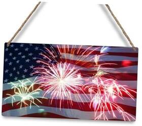 Mdulftar Woodensign-d1002 Patriotic American Flag Fireworks Wooden Door Sign - 12x6 Inch