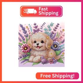 At084 Mvvmtop Diamond Art Painting Kit Diy Dog And Flower 5d Special Shape Crystal Di
