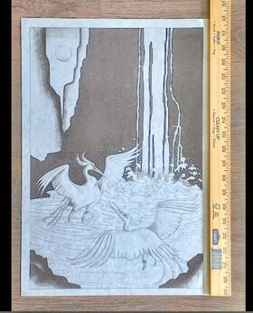 2509 Tri-chem Moonlit Cranes Waterfall Picture-to-paint Fabric Panel 22x16 Art