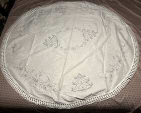 7181 Tri-chem Trichem Paint 58 Inch Round Christmas Tablecloth Needlepoint Holly Tree Fringe