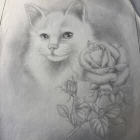 7359 Tri-chem Vintage 1980 Cat Rose Liquid Embroidery Picture 19x13 Inch