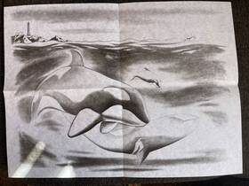 7463 Tri-chem Ready To Paint Picture Vtg Fabric Whales In Blue Orca Ocean Col