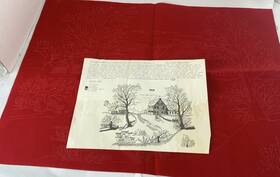 7818 Tri-chem Cabin Snow Scene Liquid Embroidery Picture Red Instructions Vtg 24x18