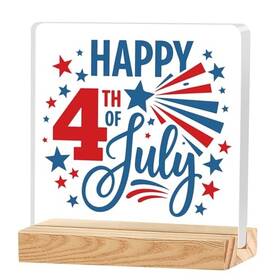 Us-ln-hf88003c-sign Zlwwlz 4th Of July Acrylic Decorations Sign With Wooden Stand 5.7 Inch Happy
