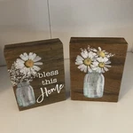Collins Painted Wooden Block Decor Set Of 2 Bless This Home Sign Floral Daisy. Fixed Price $17.99.
