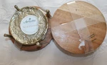Artistic Set Of Coaters Gold Tone Metal Wooden Stand 4" Diameter Round Handmad. Fixed Price $14.99.
