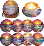 8 Pcs Diamond Art Coasters Kit With Holder 4X4IN, Sunset Beach. Fixed Price $18.99.