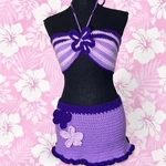 Tri-shade Purple Crocheted Tropical Mini Skirt And Bikini Top Set, Size Small. Fixed Price $65.00.