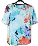 Chico's Size Multi-color Abstract Art Paint Splatter Roll-tab Sleeve. Fixed Price $16.36.
