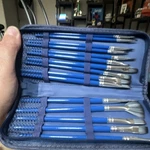 Blue Artists' Brush Set Assorted Sizes Short Handles Flat Round Fan Filbert Case. Fixed Price $9.99.