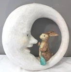 Bethany Lowe Man The Moon W/ Bunny Rabbit Paddling Paper Mache' 16" Vintage. Fixed Price $249.95.