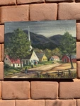 Vintage 1950 Rural Church Scene Oil On Board Painting - Sunday Ruth Flaks. Fixed Price $90.00.