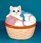 Vintage Porcelain Cat Trinket Box Basket Yarn Blue Bow Taiwan Artistic Gifts. Fixed Price $25.99.