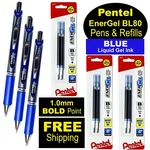 Pentel Energel BL80-C 1.0MM Bold, Blue Liquid Ink, 3 Pens With Pk Refills. Fixed Price $16.99.