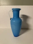 Vintage Old Bright Turquoise Blue Glass Vase With Handle. Fixed Price $30.00.