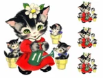 Vintage Image Retro Mother Kitten Watering Can Flower Waterslide Decals AN741. Fixed Price $13.99.