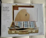 Artist Set 28 Pieces - 18 Acrylic Paints, Wood Box, 3 Brushes. Fixed Price $39.00.