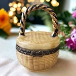 Vintage Darice Round Picnic Basket With Handle Porcelain Metal Trim Hinged Box. Fixed Price $34.99.