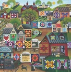 Original Acrylic Folk Art Painting Quilt Sewing Kits Village Horse Dog Sanctuary. Fixed Price $450.00.