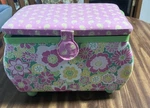 Floral Fabric Sewing Basket W/ Green Plastic Tray & Handle, Notions Set. Fixed Price $35.00.