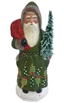 11-204 Schaller Paper Mache Candy Container Santa Green Coat With Tree 8"H. Fixed Price $192.28.