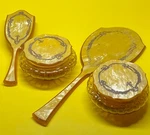Antique Vtg Art Deco Vanity Set Mirror Brush 2 Powder Jars Celluloid Black Trim. Fixed Price $49.99.