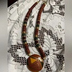 Vintage Wooden Statement Stacked Necklace With Painted Artistic Design. Fixed Price $25.00.