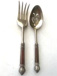 Vintage Silver Plate Salad Fork Spoon Serving Set- Inset Ruby Glass Handles. Fixed Price $35.00.