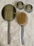 Vintage Art Deco Grey + Silver Mirror, Hair Brush, 2 Lotion Jars Vanity Set Rare. Fixed Price $50.00.