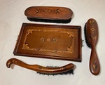 4 Piece Antique Handmade Folk Art Marquetry Wood Brush Vanity Grooming Set. Fixed Price $298.99.