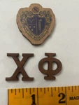 Chi Phi Walnut Wood Letters (1") And Mini Crest (1.5") Combo. Fixed Price $9.95.