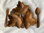 Vintage Syroco Wood 3 Tri Leaf Tray Dish Appetizer With Fork & Spoon Htf. Fixed Price $17.95.
