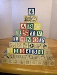 Lot Of 45 Vintage Alphabet Nuber Image Wood Blocks 1-1/4" Square. Fixed Price $12.00.