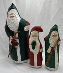 Vintage Set Of 3 Standing Santa Claus Hand Painted Oil Cloth Canvas Figures. Fixed Price $29.99.