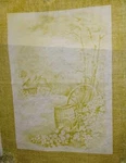 * 8317 Cottage In The Mist Wagon Wheel Old Barrel Picture 18X24. Fixed Price $17.25.