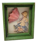 Vtg Framed 3D Paper Tole Wall Art Boy Puppy Dog Umbrella Decoupage Cute Decor 6". Fixed Price $15.00.