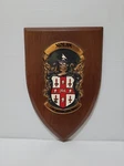 Custom Hand Painted Copper Shield On Walnut Base By Heraldic Artist Plaque 9". Fixed Price $50.00.