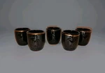 Japanese Glazed Red Clay Pottery H X 1.75" Saki Cups Gold Trim Raised Image. Fixed Price $19.28.