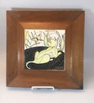 Aida Whedon Mid Century Hand Painted Wood Frame Tile Gold Accents Cat Butterfly. Fixed Price $99.95.