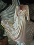 Vtg Satin Imported Peach Pink Cowl Cascade 350" Grand Sweep Flare Maxi Dress L42. Fixed Price $99.50.