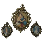 Vtg Set Of 3 Mini Silk Art Printed Framed Images Ornate Brass Oval Frames Italy. Fixed Price $55.00.