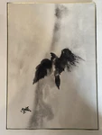 Modern Sumi-e Ink Painting Bird Flight, Signed Asian Brush Art. Fixed Price $125.00.